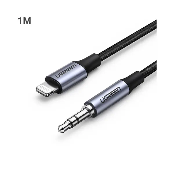 70509-600x600-1.webp UGREEN 70509 Lightning to 3.5mm Male Aux Cable Aluminum Shell with Braided 1m (Black) - Image 1