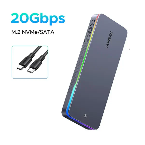 CM777-25665-1-600x600-1.webp UGREEN 25665 RGB Dual-Protocol M.2 NVMe/SATA SSD Enclosure - Image 1