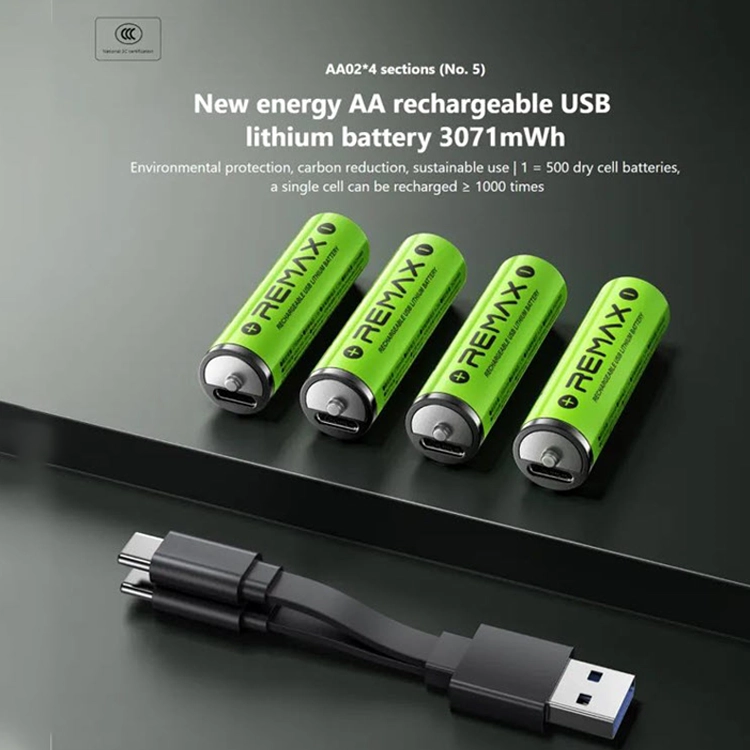 Remax-AA-Rechargeable-USB-Lithium-Battery-8142.webp Remax AA USB Rechargeable Lithium Battery 4-Piece Set - Image 1