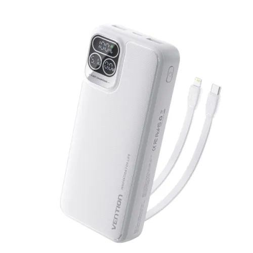 product_1764156335_6926e3af4bffb.webp Vention 22.5W 20000mAh Power Bank with Built-in USB-C & Lightning Cables (I15wb-v2) – Black - Image 1