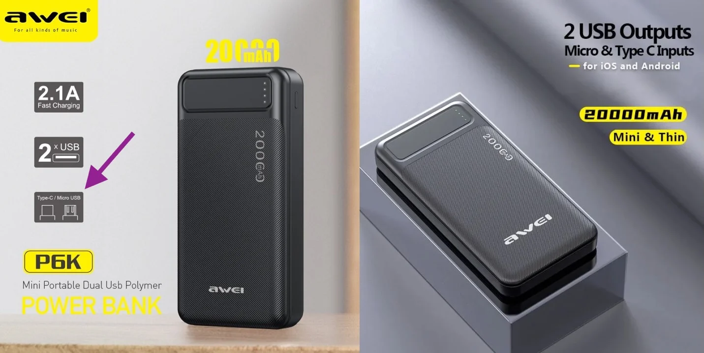 product_1766405353_694934e92e41b.webp Awei P6K 20000mAh Portable Power Bank – High Capacity Dual USB External Battery Pack - Image 1